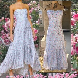Lulus Gorgeous Desire Light Blue Floral Strapless High-Low Maxi Dress Size L